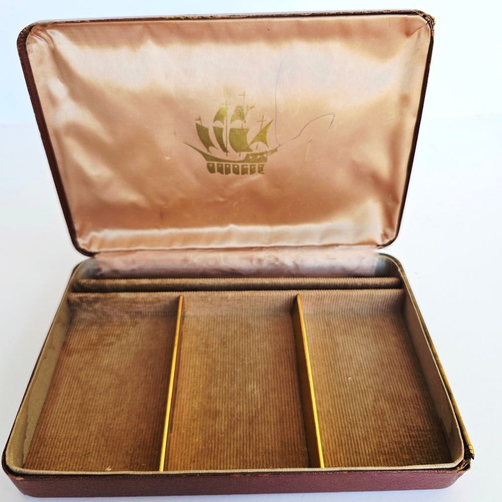 Vtg Farrington Brown Faux Leather Mens Valet Jewelry Box Nautical Ship Organizer